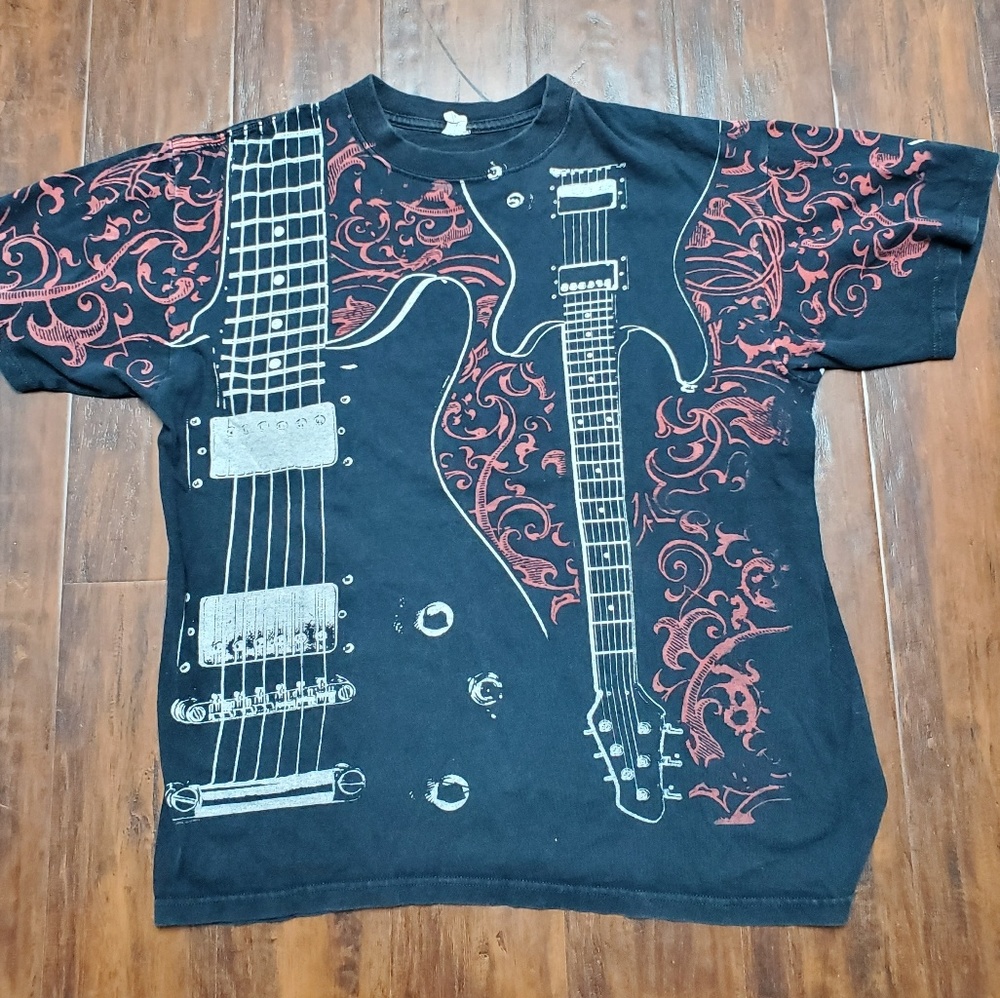Sick 00s Guitar all over print t shirt